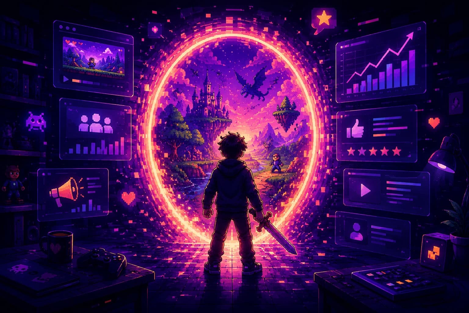 Ilustração em pixel art: desenvolvedor diante de um portal de jogo cercado por painéis de marketing